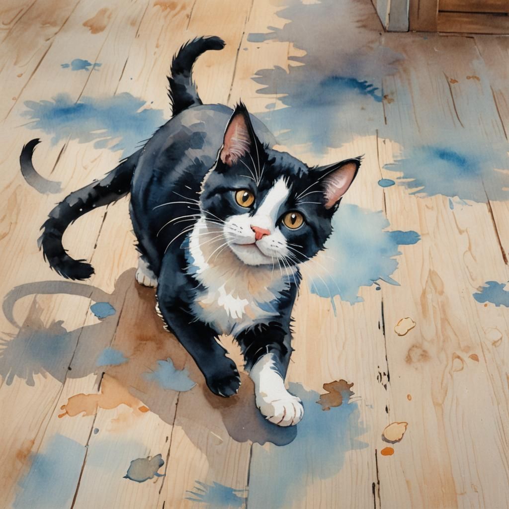 Cute Black Cat and Mouse in Watercolor Style