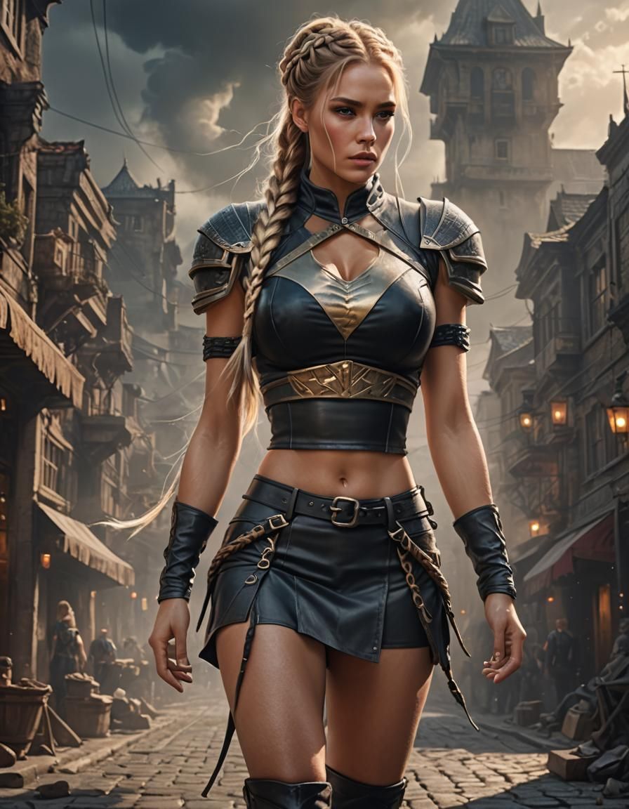 Blonde Woman in Leather Outfit: Digital Matte Painting