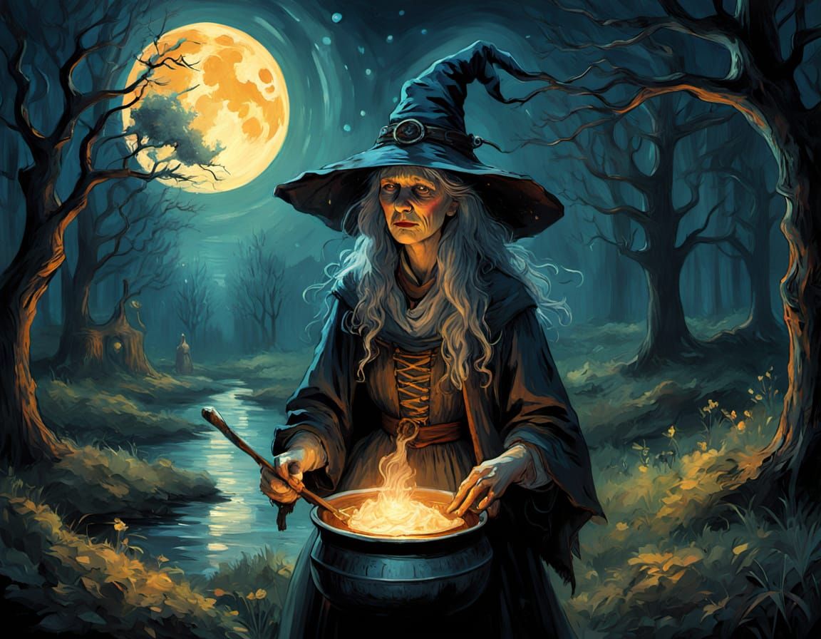 Ragged Witch Conjures Magic in Moonlit Clearing