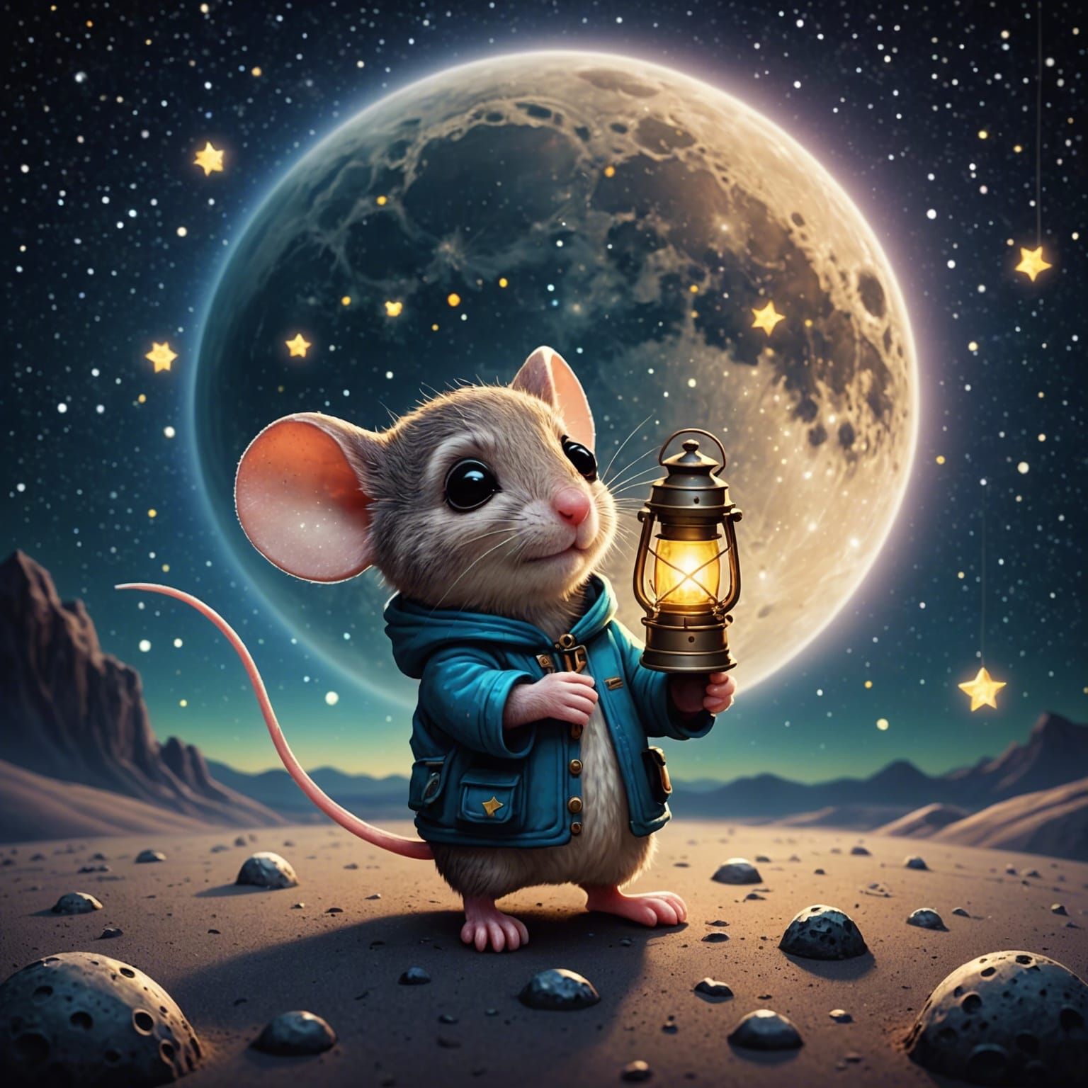 Chibi Mouse on Moon with Firefly Lantern