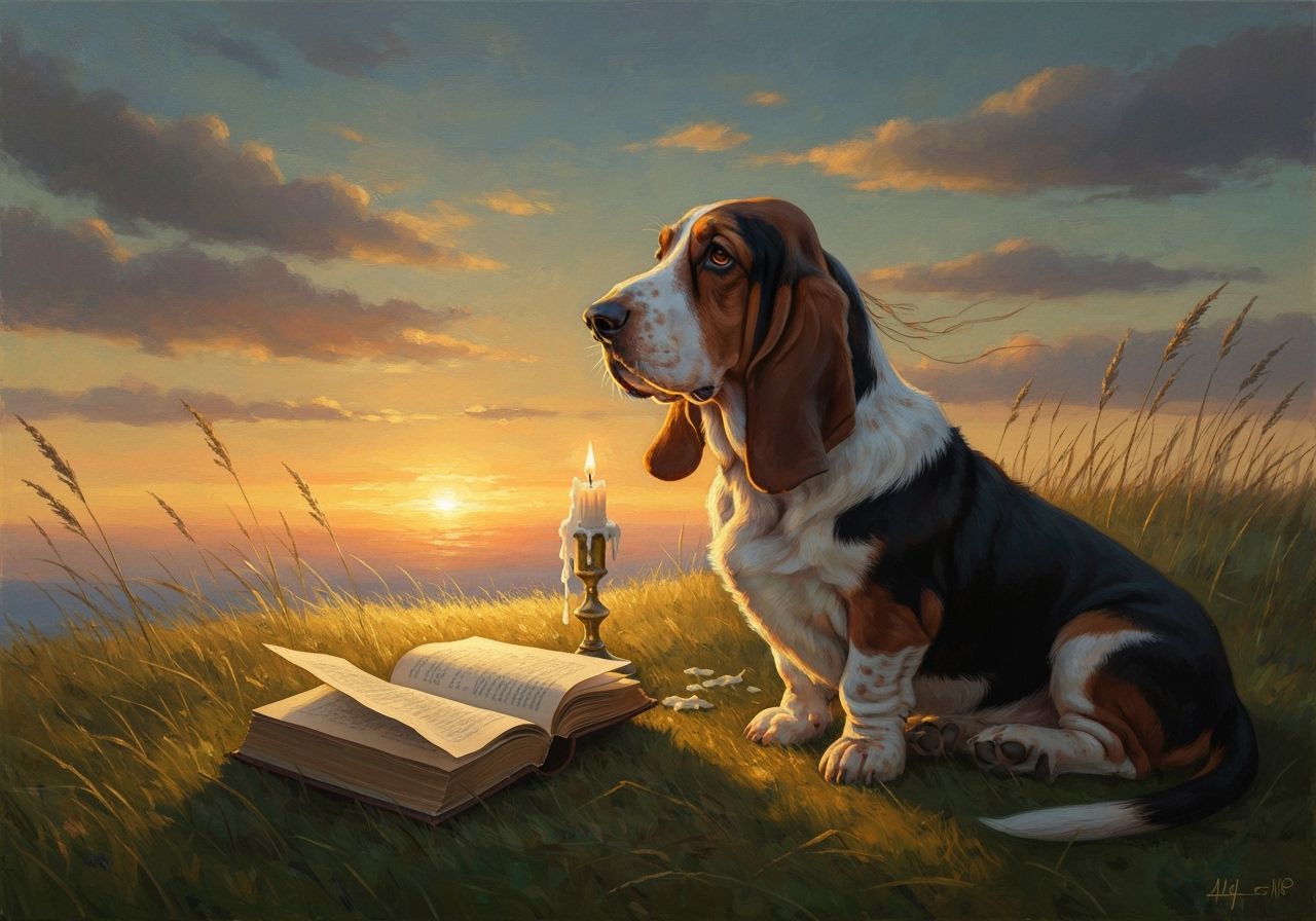 Basset Hound Gazing at Sunset Horizon