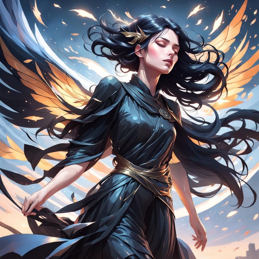 Winged Girl in Flight: Hyperdetailed Art Nouveau Portrait