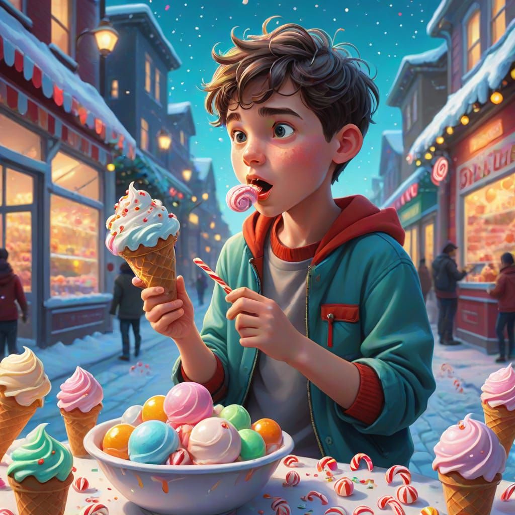 Joyful Boy Indulges in Whimsical Candy Wonderland