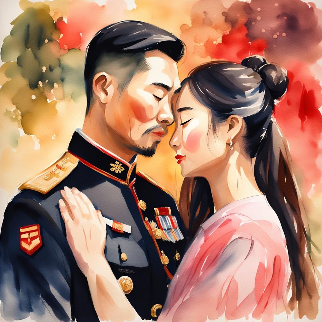 Serene Watercolor of Embracing Asian Couple