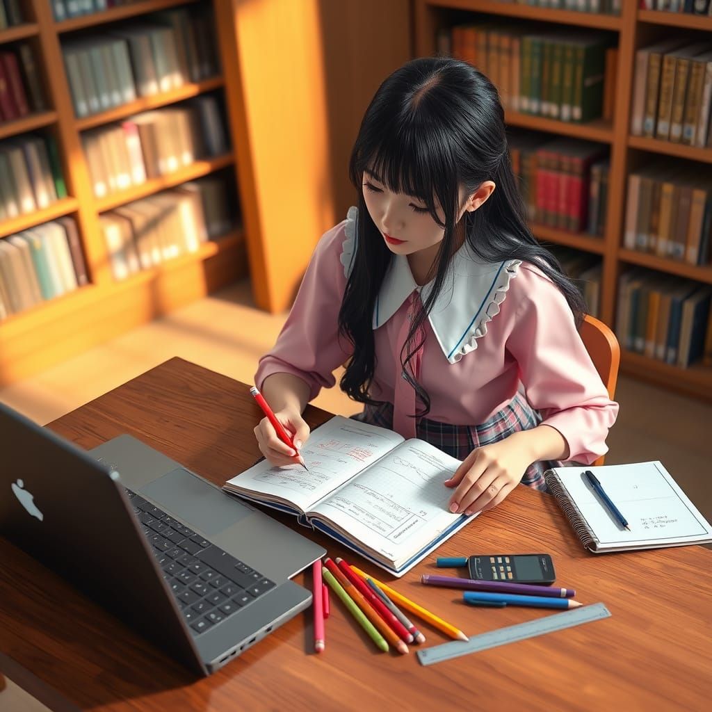 Japanese College Student Studying in a Cozy Library Setting