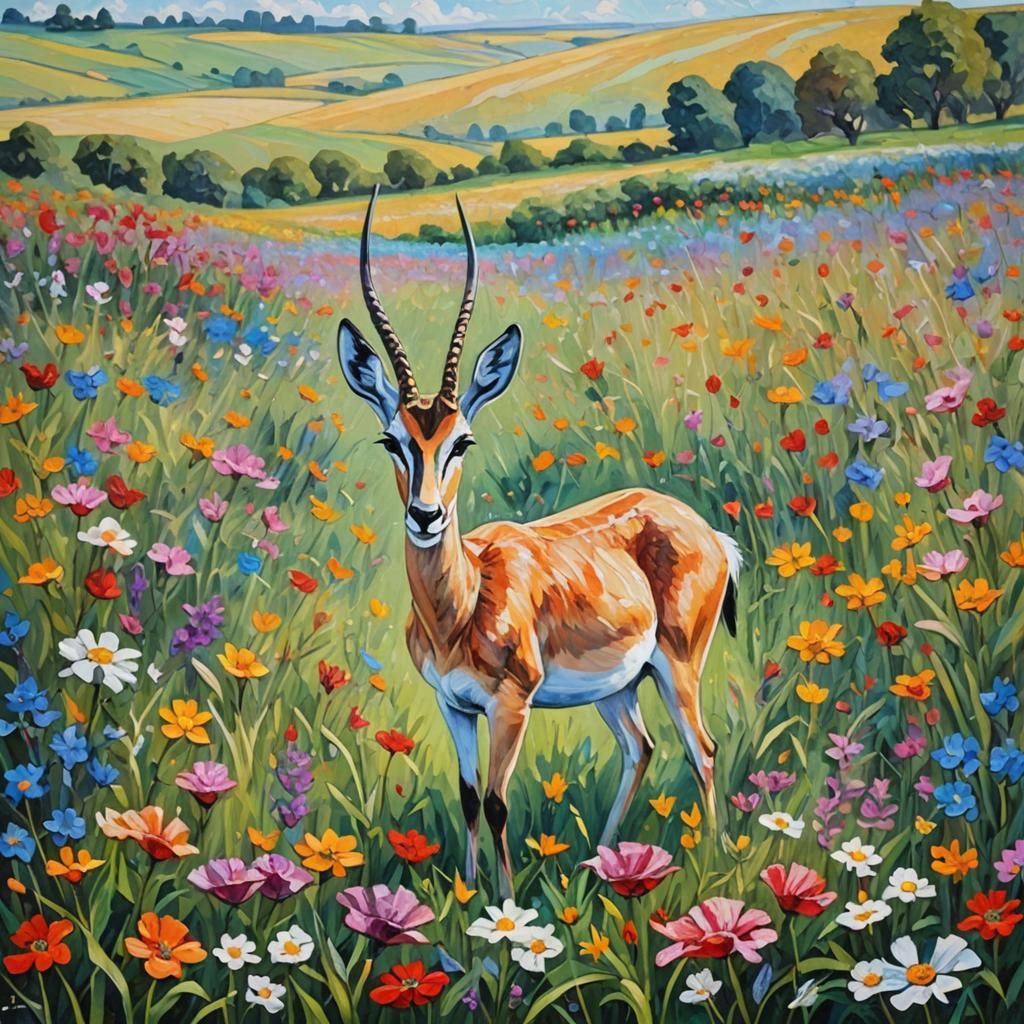 Gazelle in Flower Field: Expressionist Impasto Painting