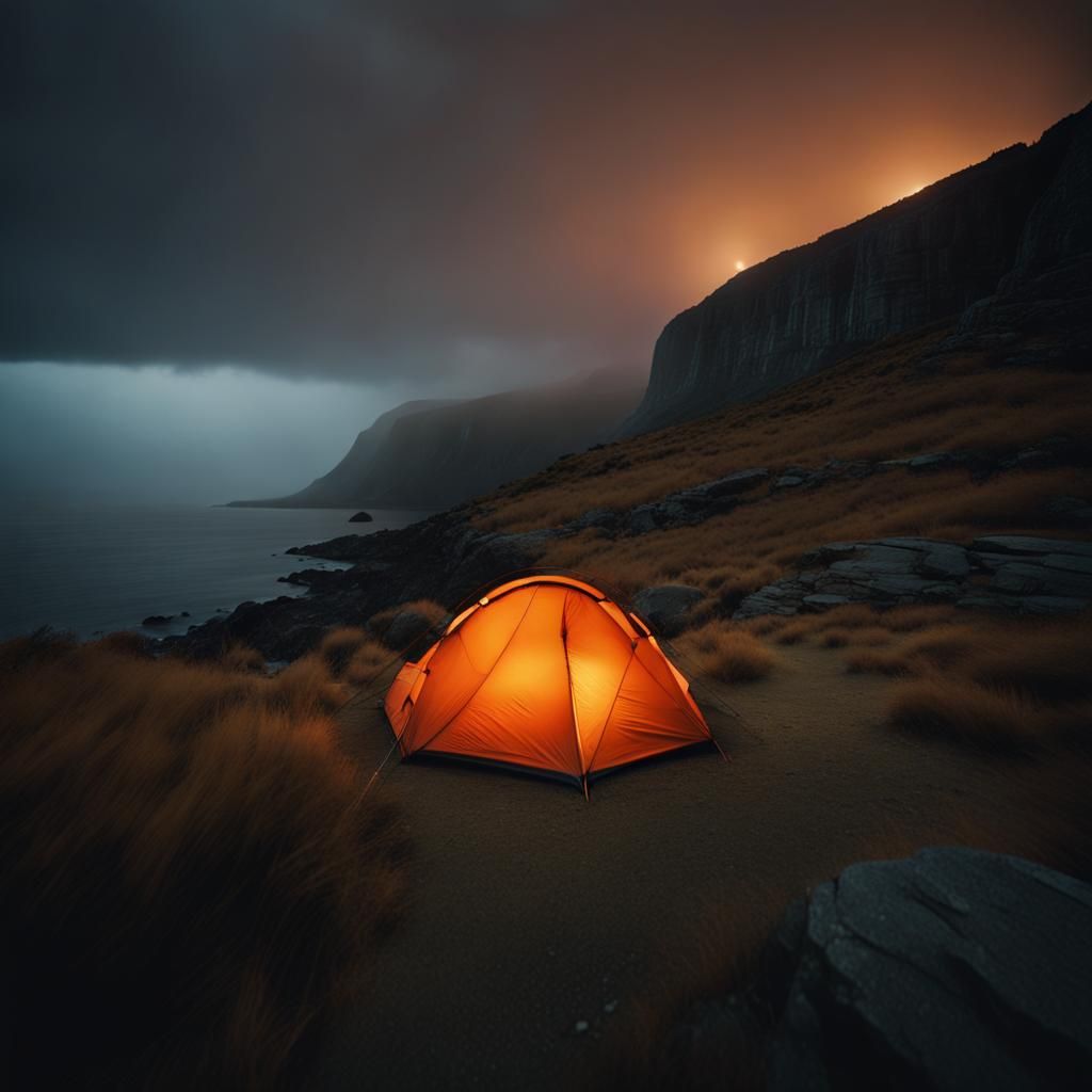 Glowing Tent Under Misty Sky: Cinematic Night Shot