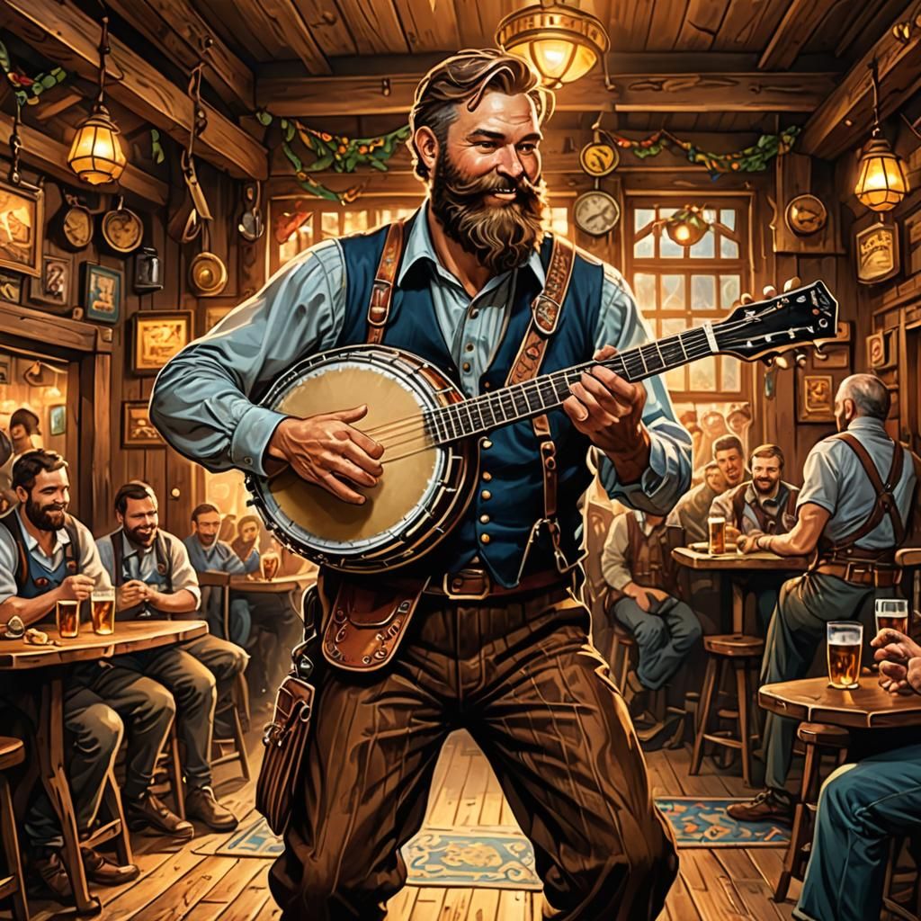 Banjo Player in Tavern, Comic Book Art