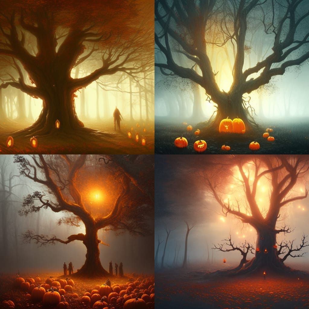 Horrified Pumpkins and Haunted Tree, Dark Fantasy Art