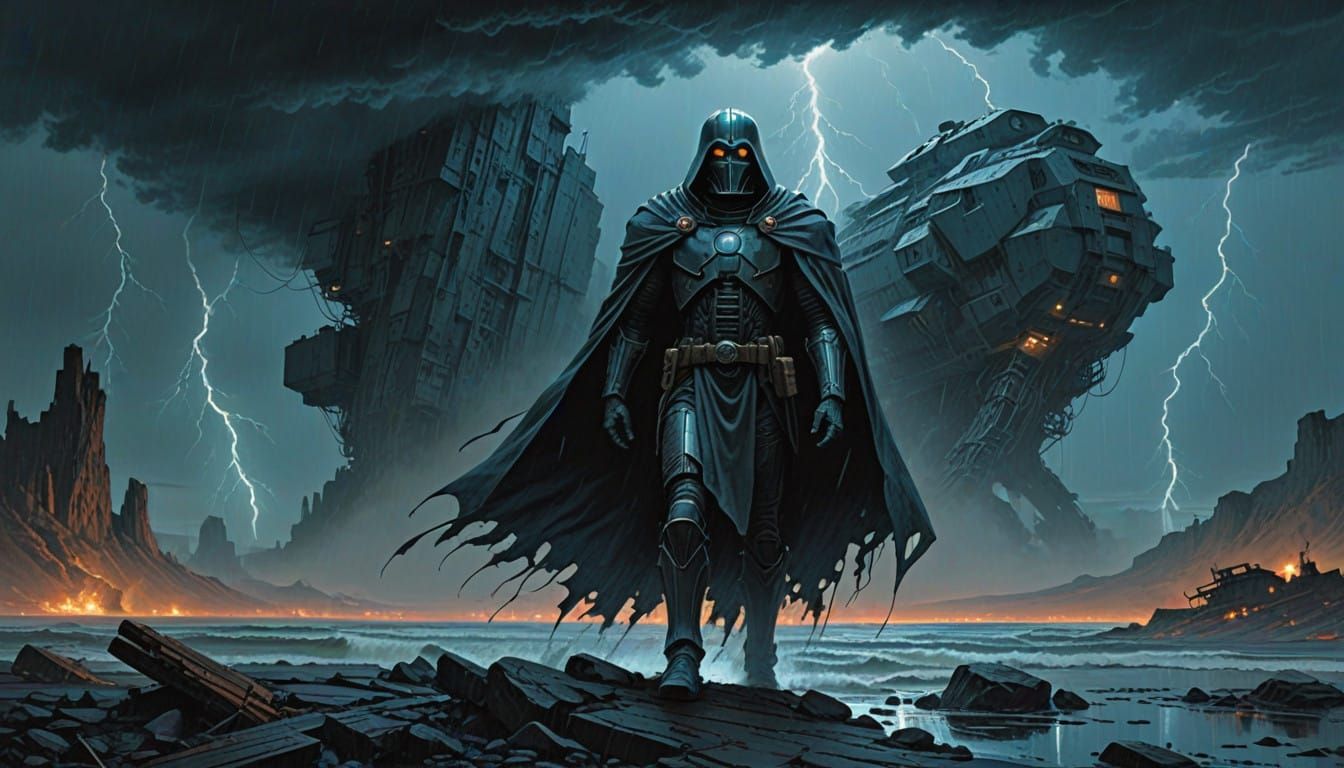 Ethereal Warrior Stands Firm Against Turbulent Stormy Skies