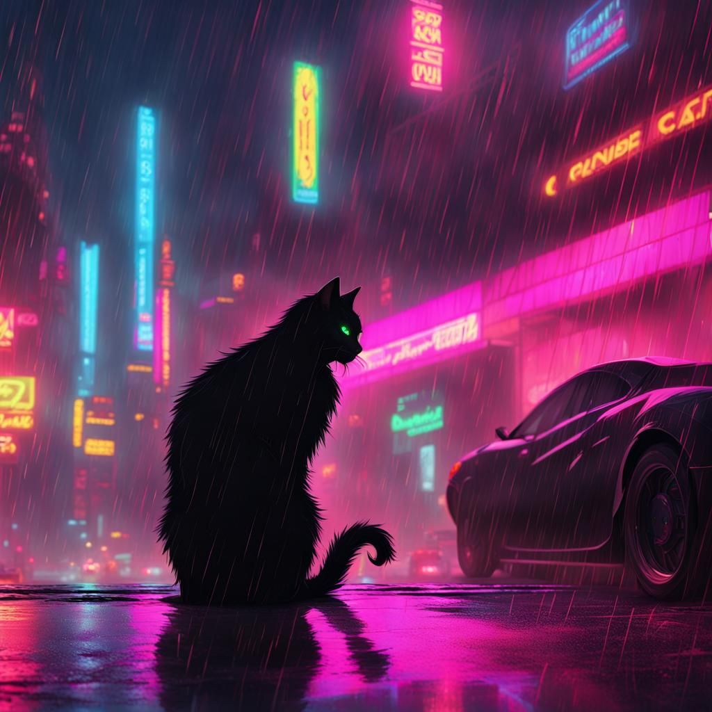 Black Cat in Rainy Cyberpunk Cityscape