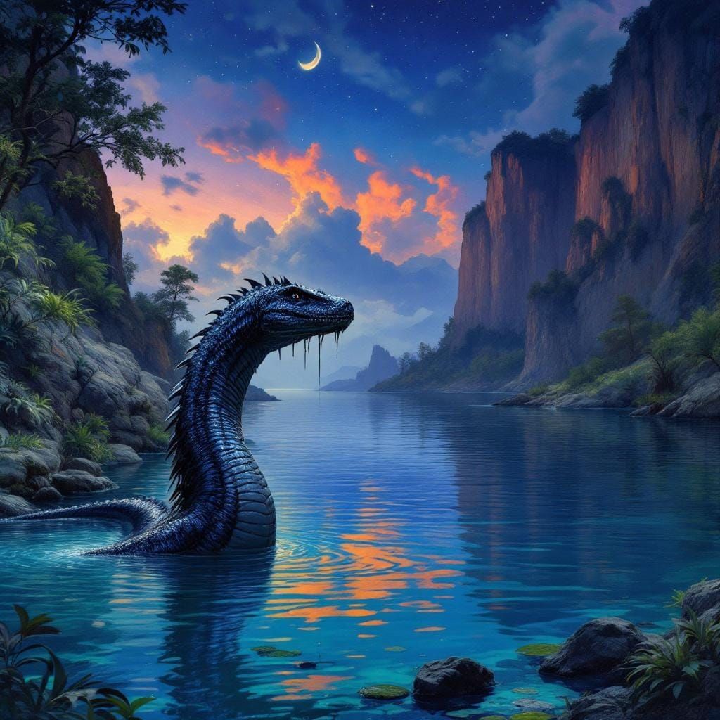 Jurassic Lagoon at Night with Nessie, Landscape Painting