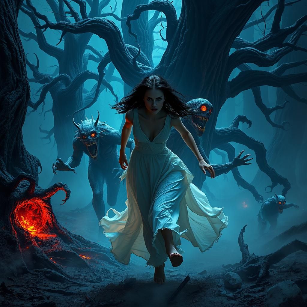 Woman in Gothic Forest Pursued by Creatures