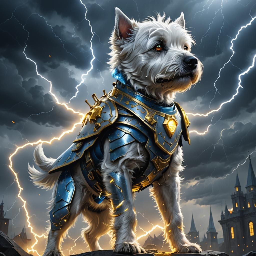 Armored Westie Dog with Lightning, Fantasy Art