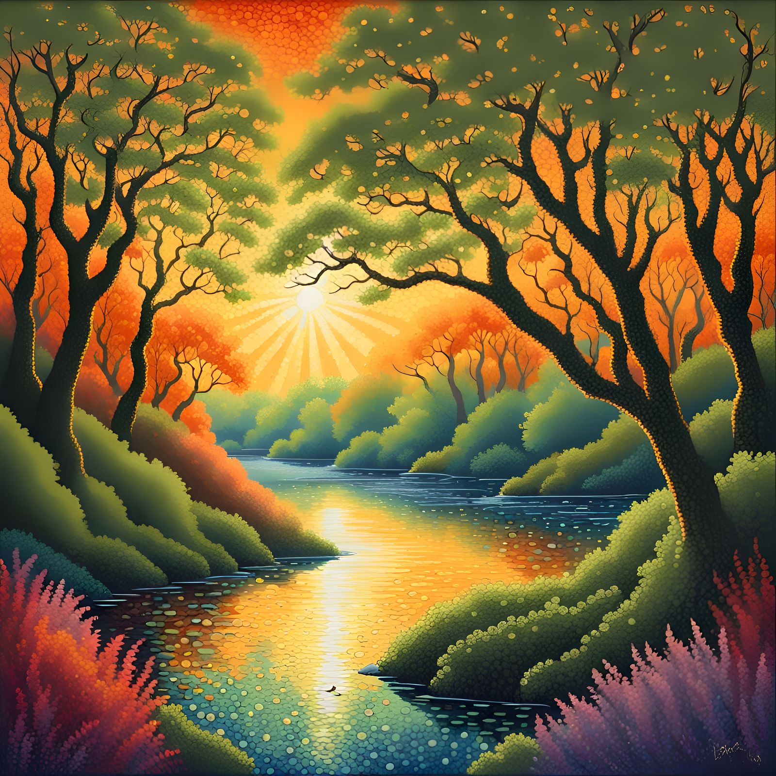 Pointillist Landscape with River and Sunbeams