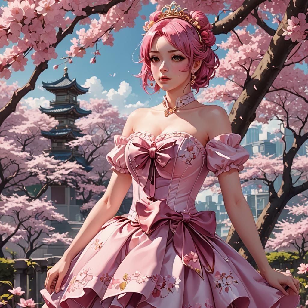 Anime Girl in Pink Dress Under Cherry Blossoms
