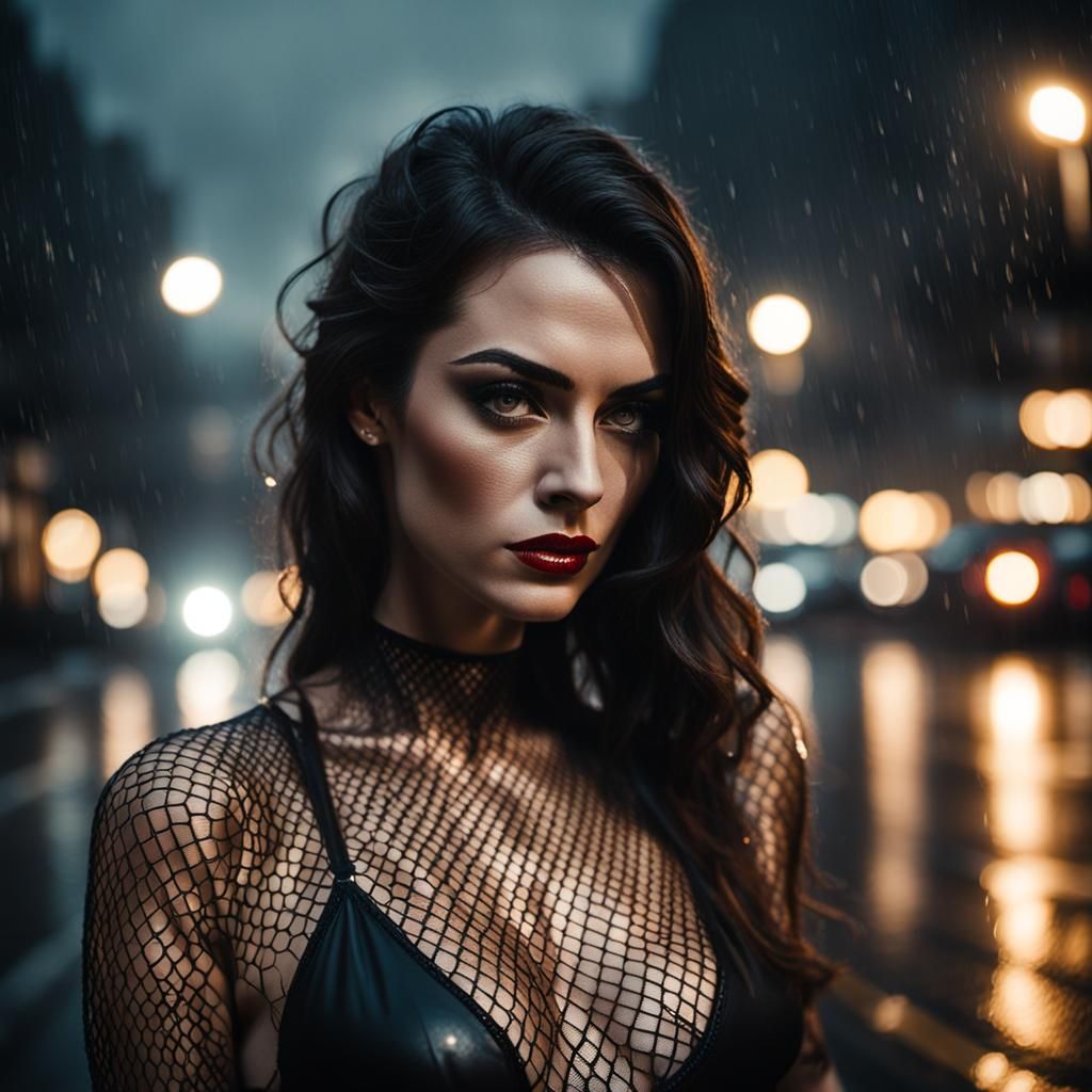 Brunette in Fishnets Poses on Rainy City Street