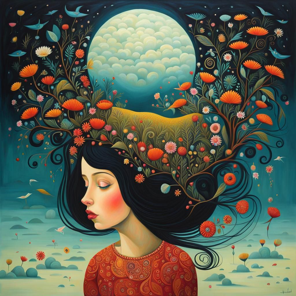 Melancholic Girl in Surreal Dreamscape