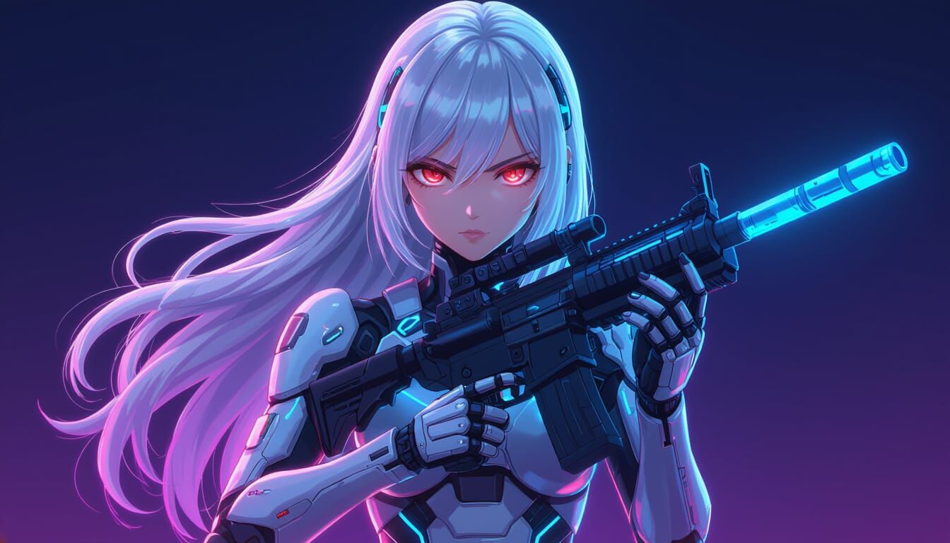 Futuristic Android Girl in Cybernetic Armor with Neon Accent...