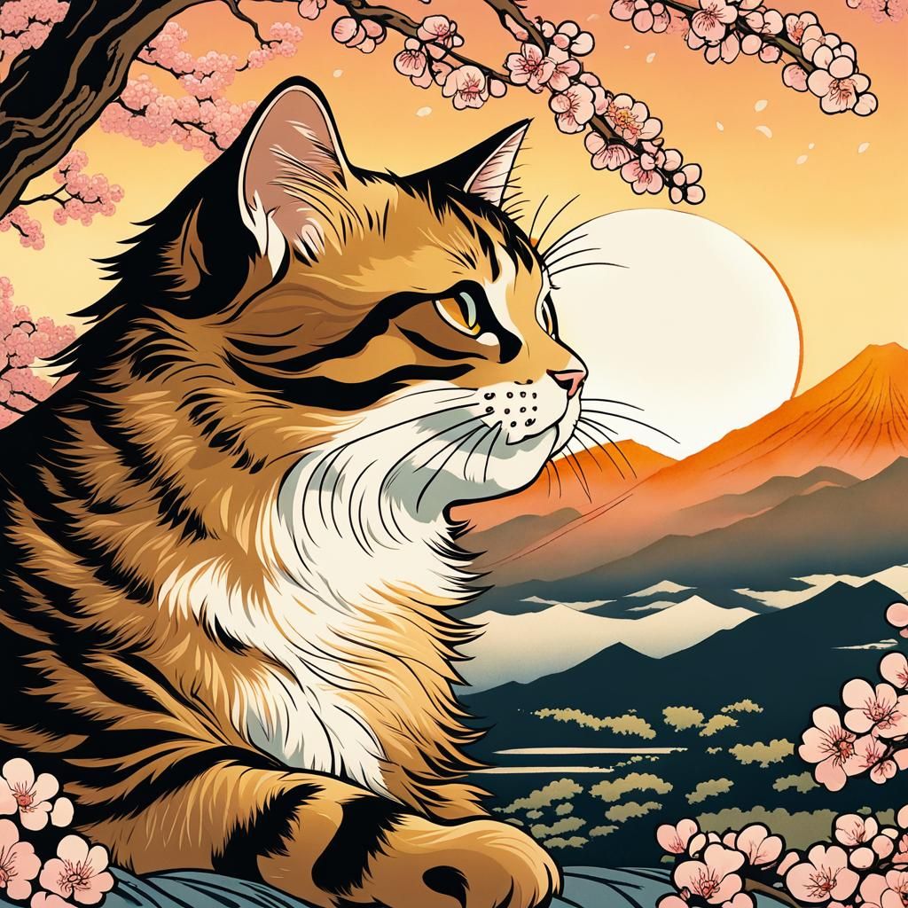 Kitten in Japanese Garden: Ukiyo-e Style