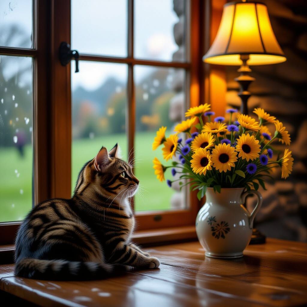 Tabby Cat in Golden Lamplight by Daisy Vase