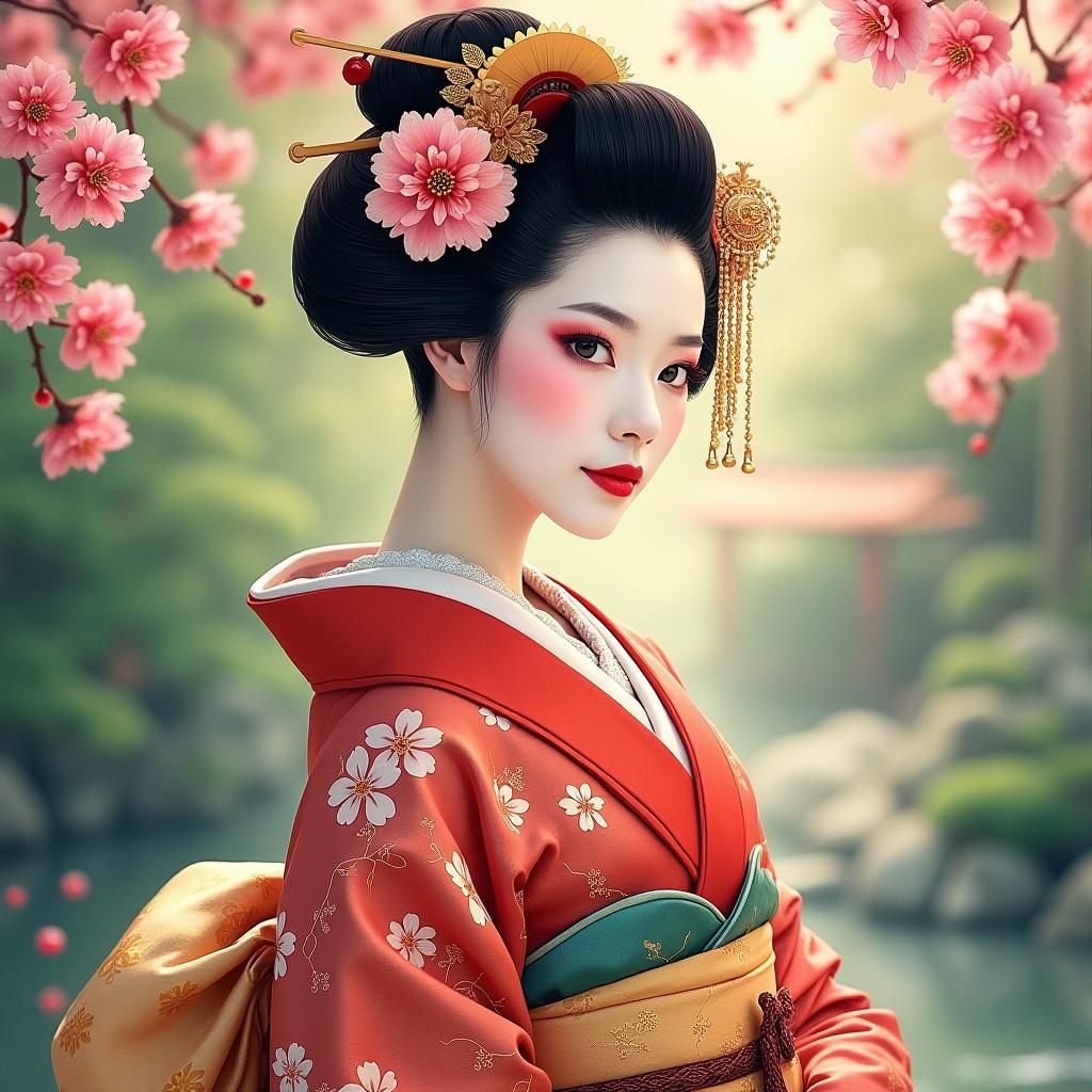 Geisha in Kimono: Ukiyo-e Style Japanese Garden Art
