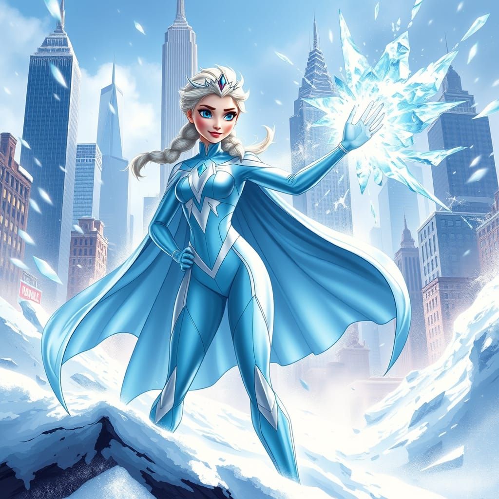 Elsa as Marvel-Style Superhero in Snowy Metropolis