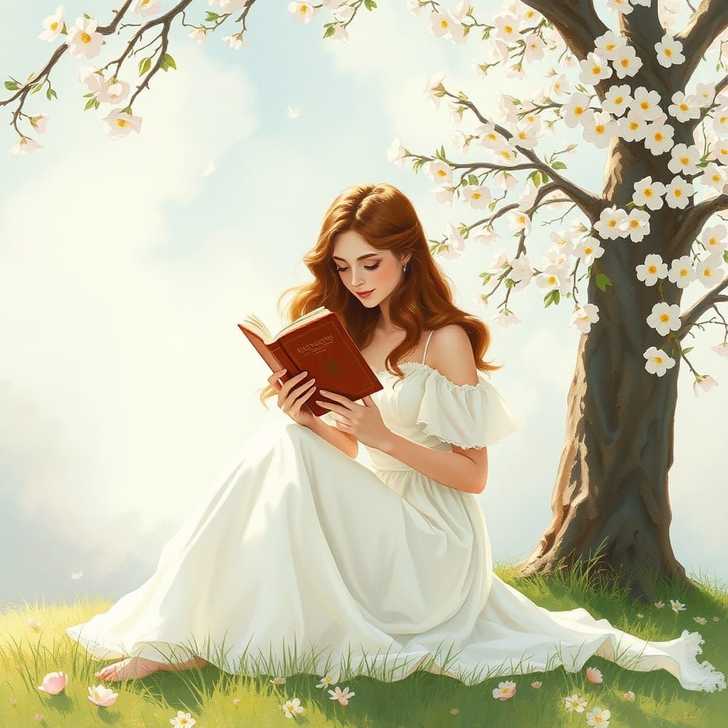 Woman Reading Under Tree: Dreamy Watercolor Art
