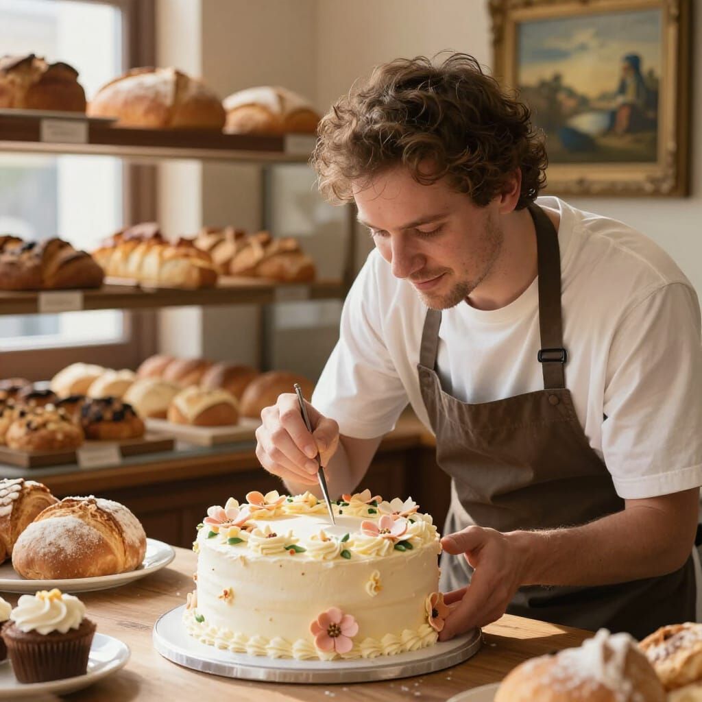 Baker Decorating Cake with Frosting Flowers in Warm Light