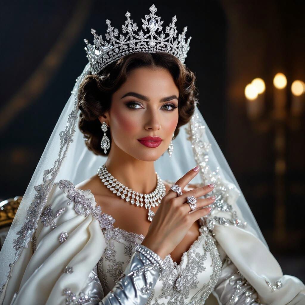 Regal Lady in Royal Attire with Diamond Crown and Ring