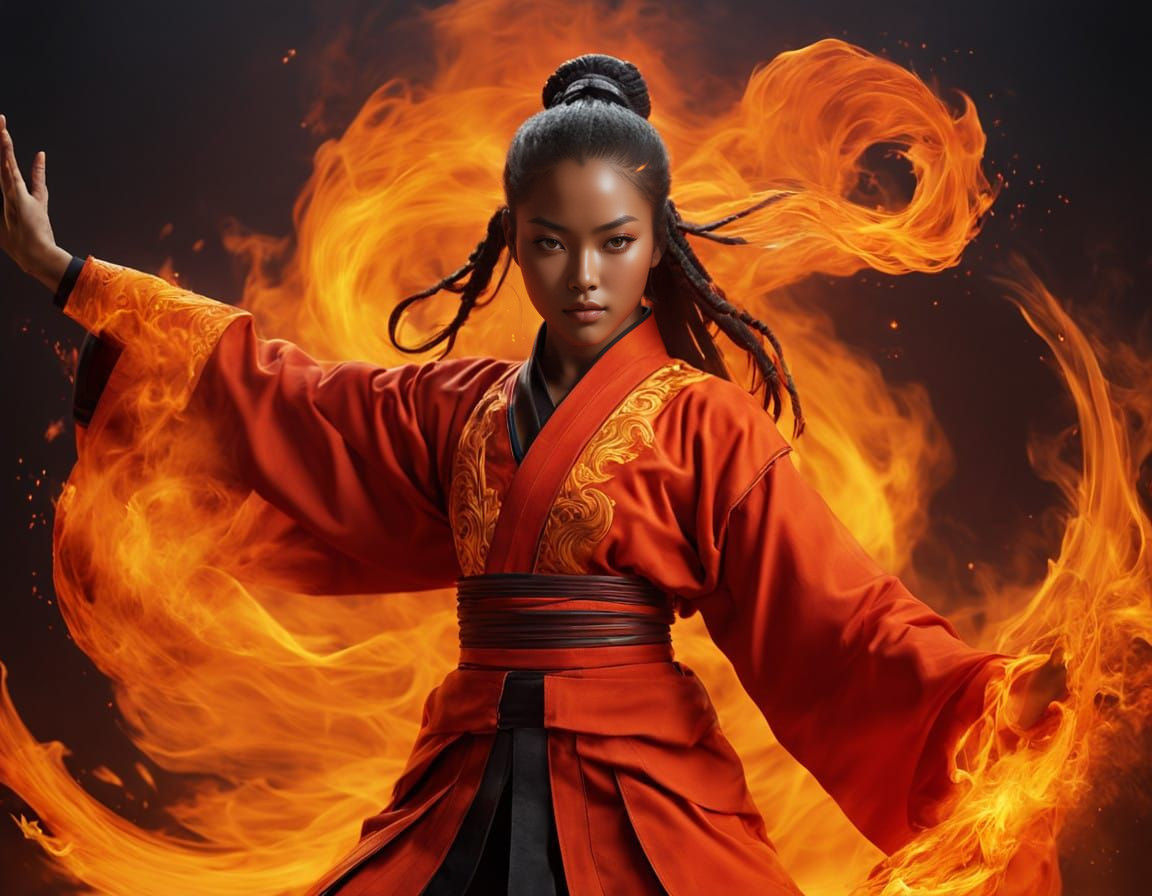 Vibrant Shaolin Warrior Ignites with Realistic Fire