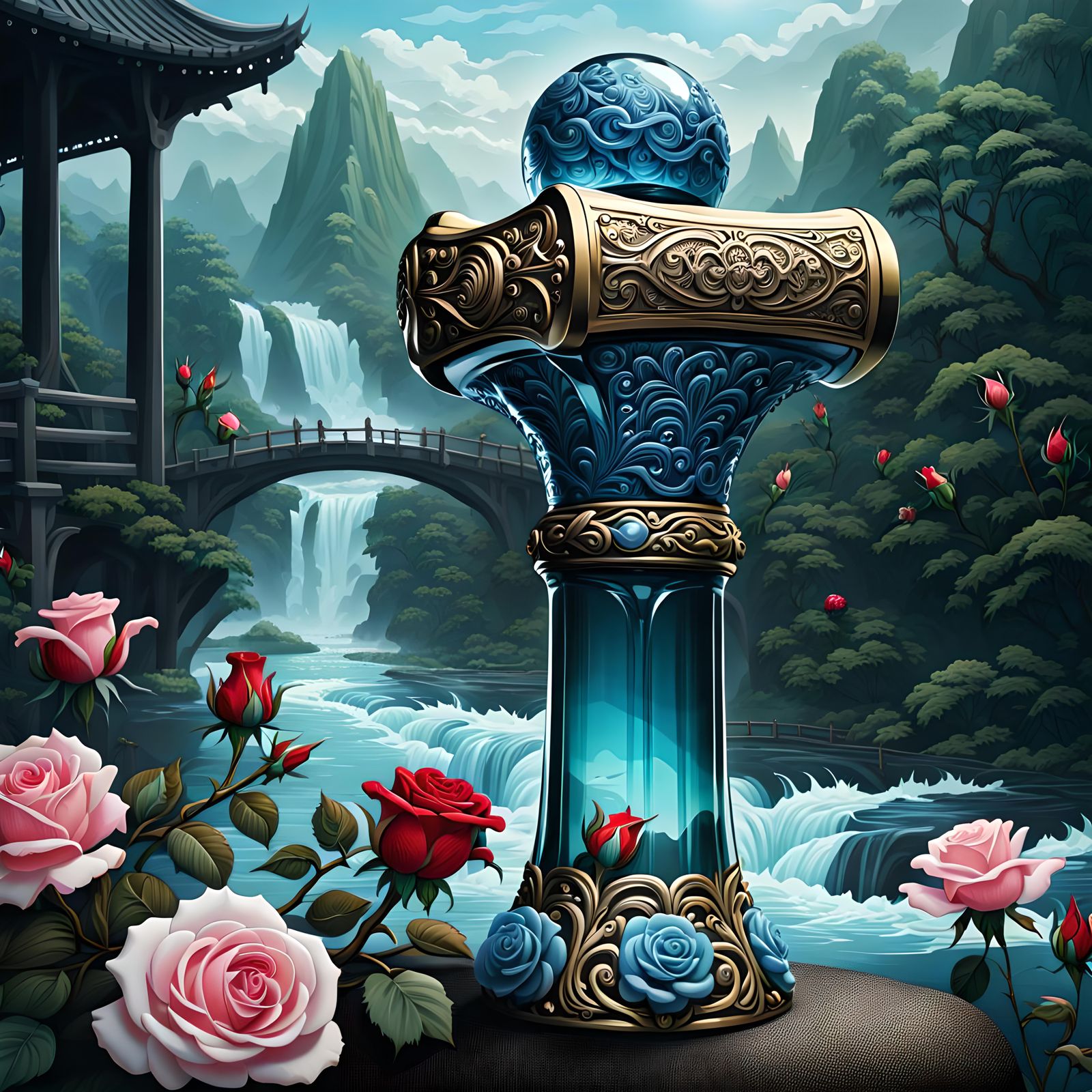 Ornate Glass Hammer with River: Ukiyo-e Fantasy Art