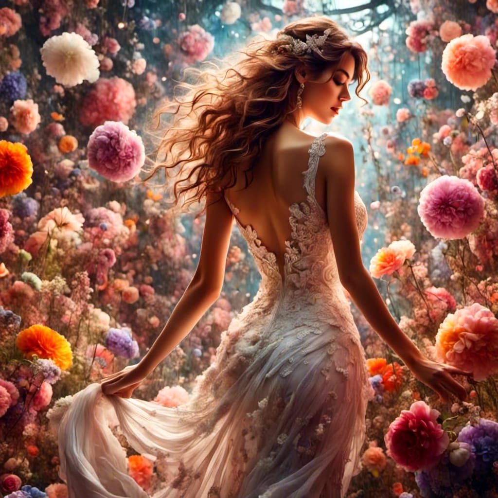 Hyperrealistic Woman Picking Flowers, Art Nouveau Style