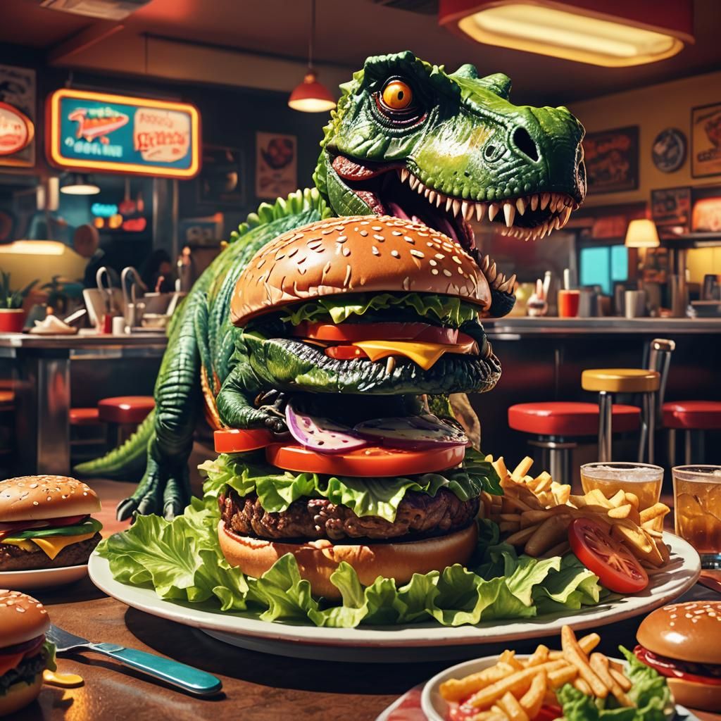Dino-Burger in Retro Diner: Hyperrealistic Digital Art