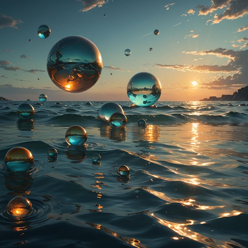 Ethereal Orbs Hovering Over Calm Sea: Dark Fantasy Art