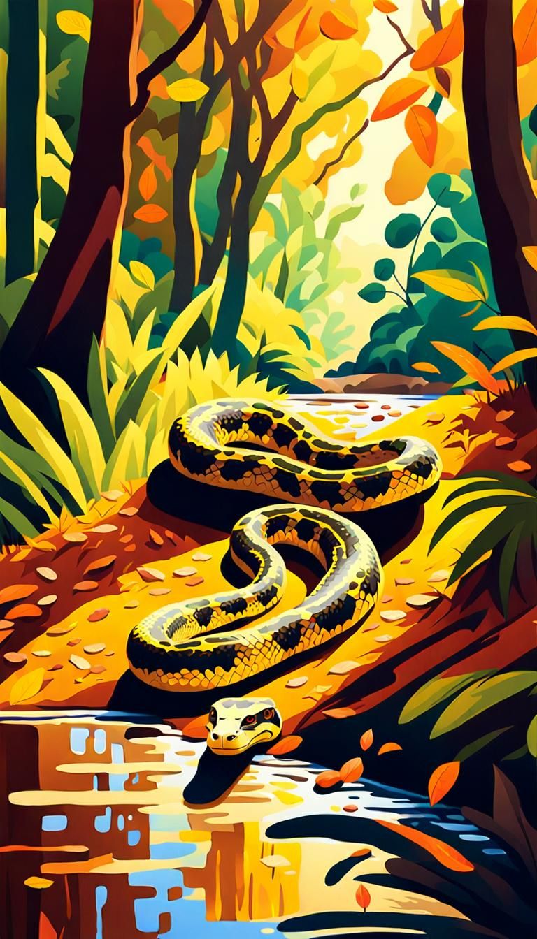 Anaconda in Autumnal Amazon Forest: Fauvist Expressionism