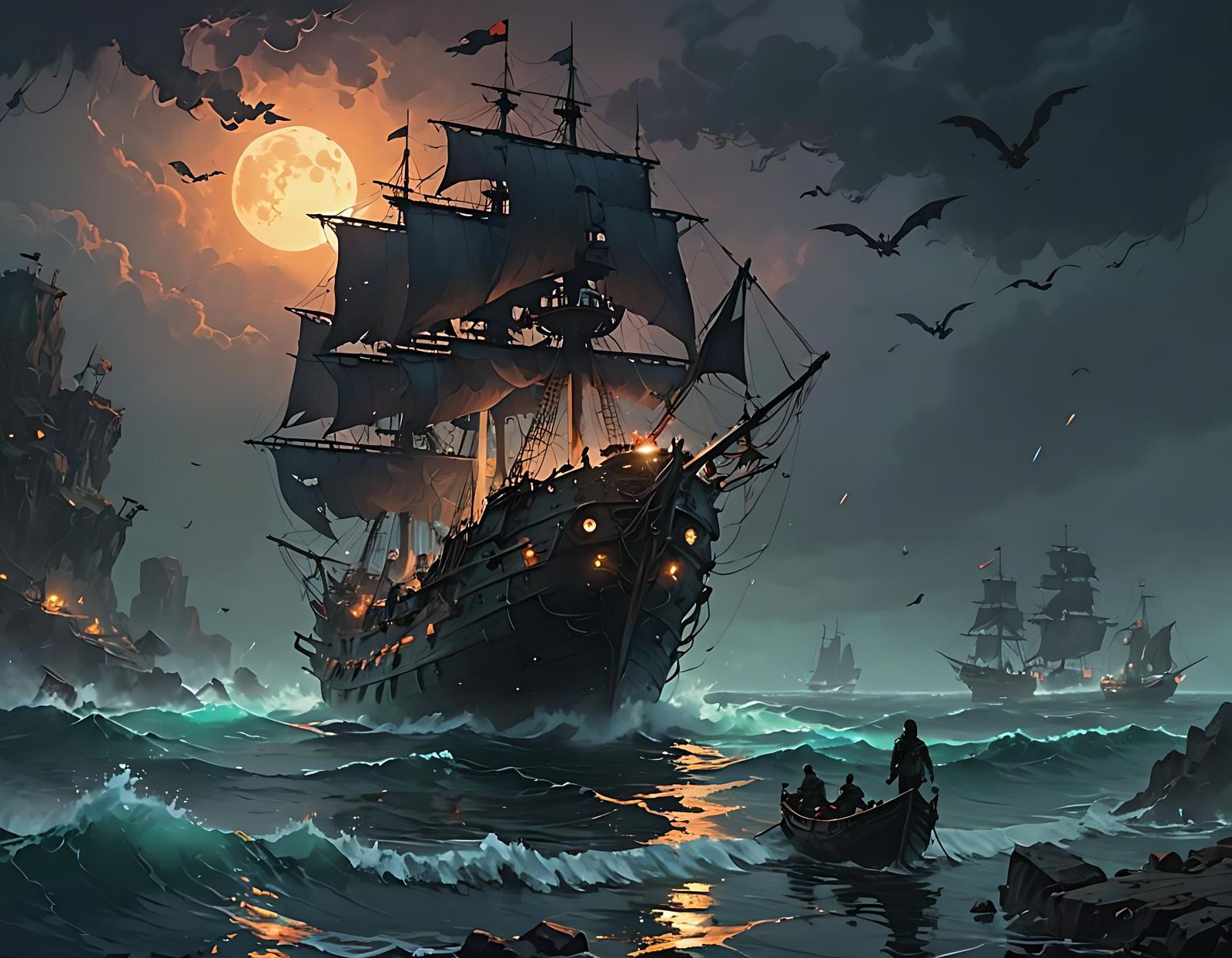 Haunted Pirate Ship in Fog: Pixel Art Style