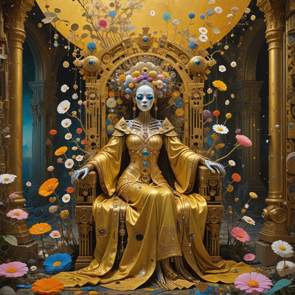 Golden Empress in Blooming Wasteland, Surreal Digital Art
