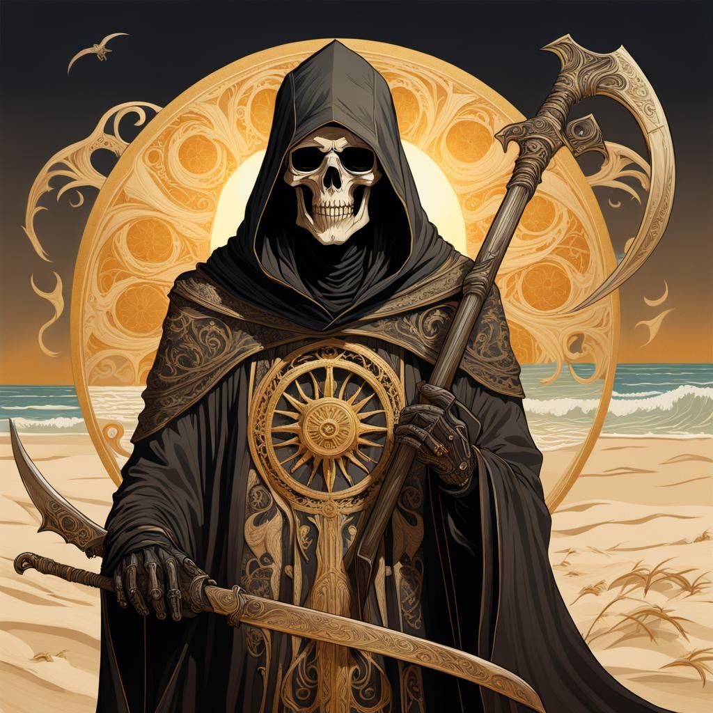 Grim Reaper on Sunny Beach in Art Nouveau Style