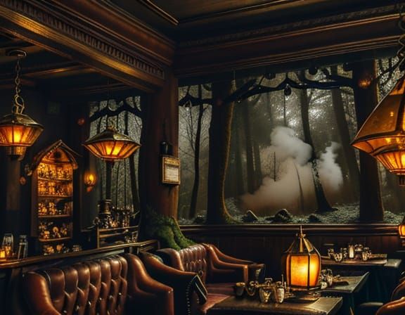Steampunk Cafe in Enchanted Forest with Creatures