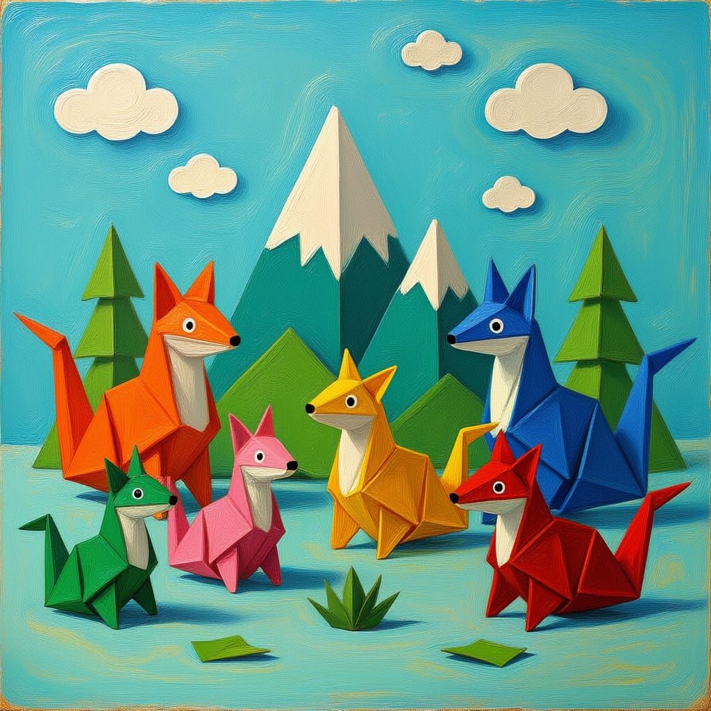 Origami World With Folded Paper Creatures