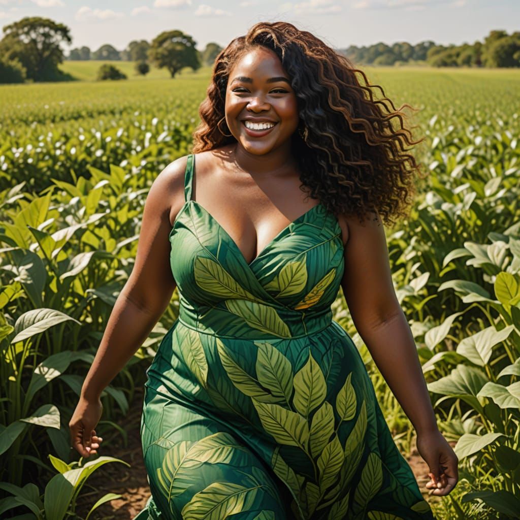 Curvy African Woman Strolls in a Vast Green Leafy Field