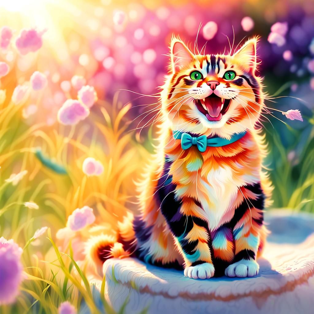 Happy Smiling Cat in Vibrant Watercolor Style