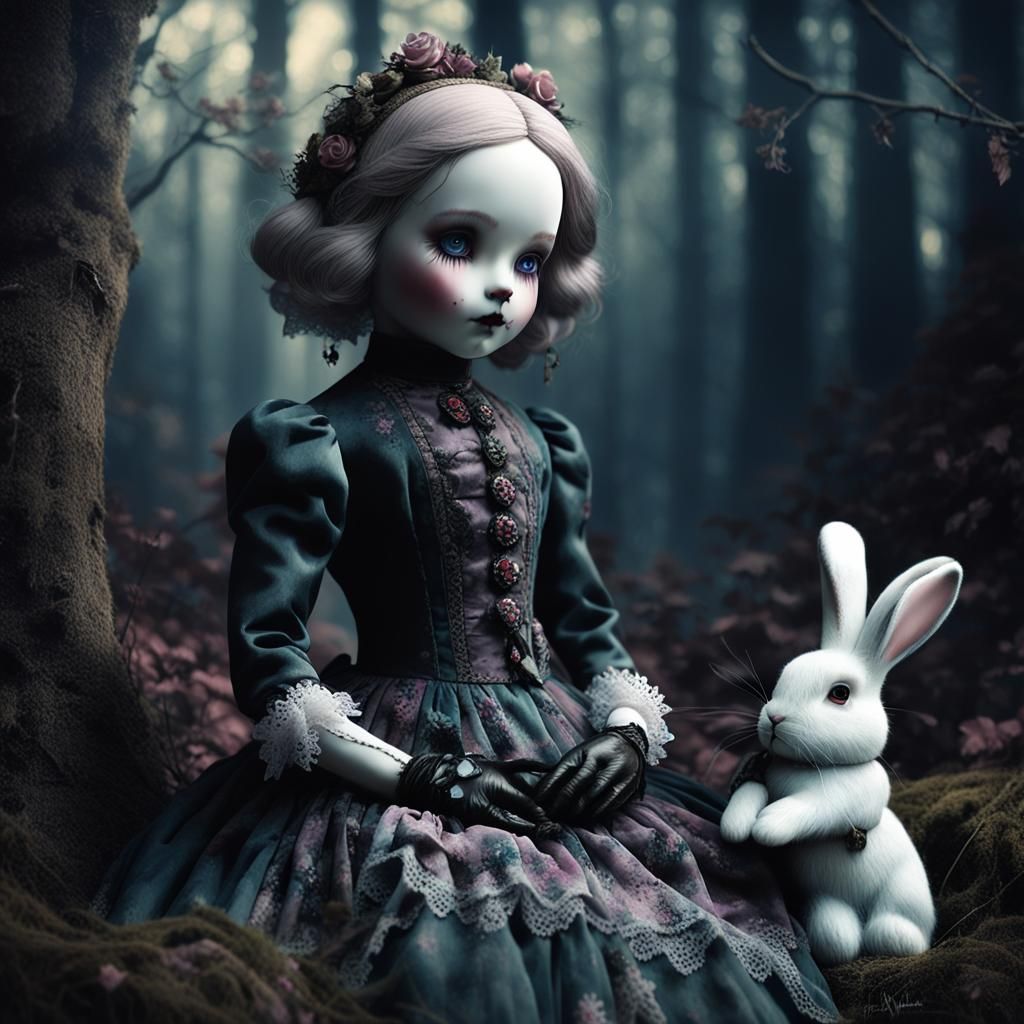 Gothic Doll with Rabbit in Dark Fantasy Style