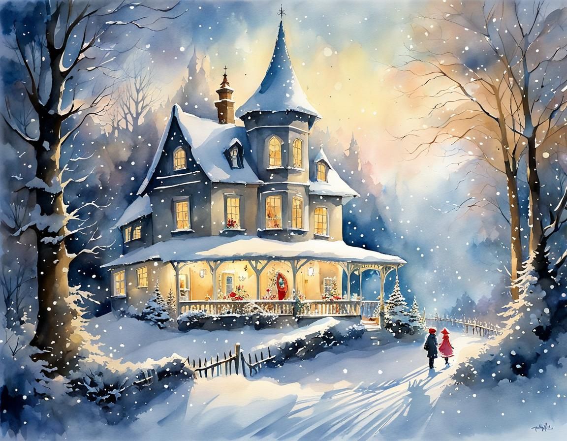 Fairytale Christmas Dreamscape in Pastel Watercolor