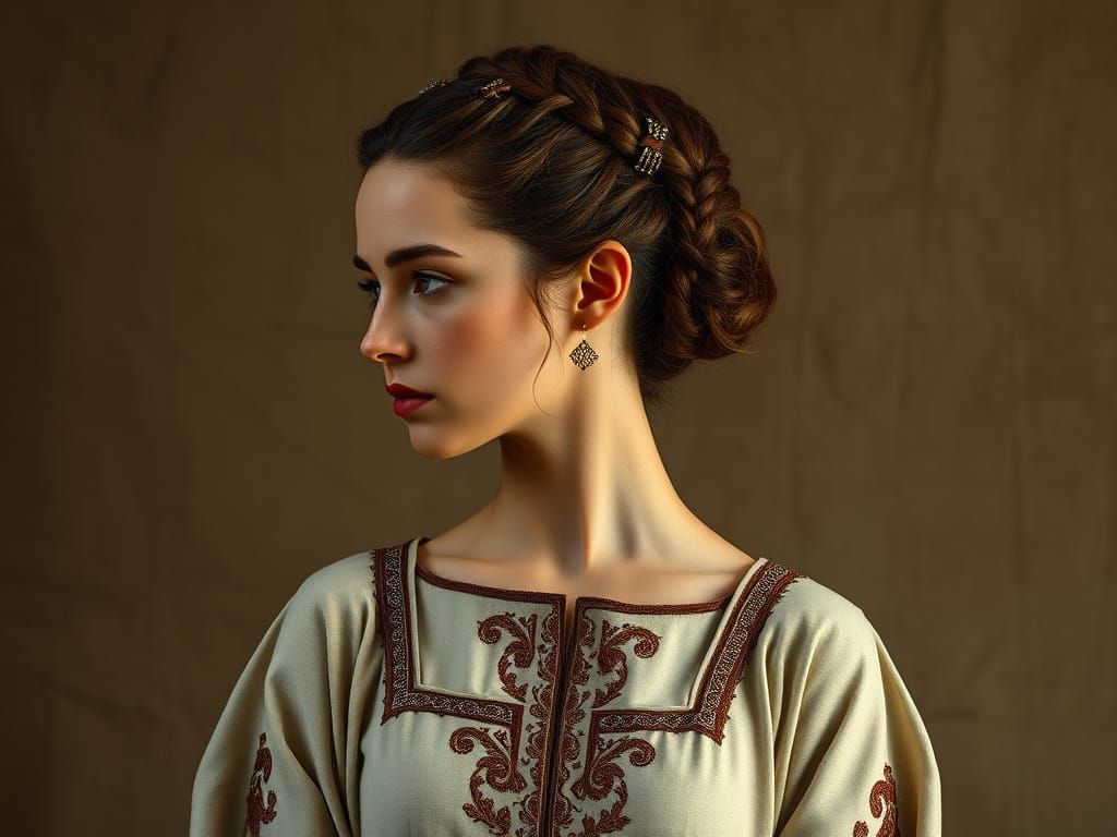 Beautiful woman dressed in 760s A.D. fashion and wearing hai...