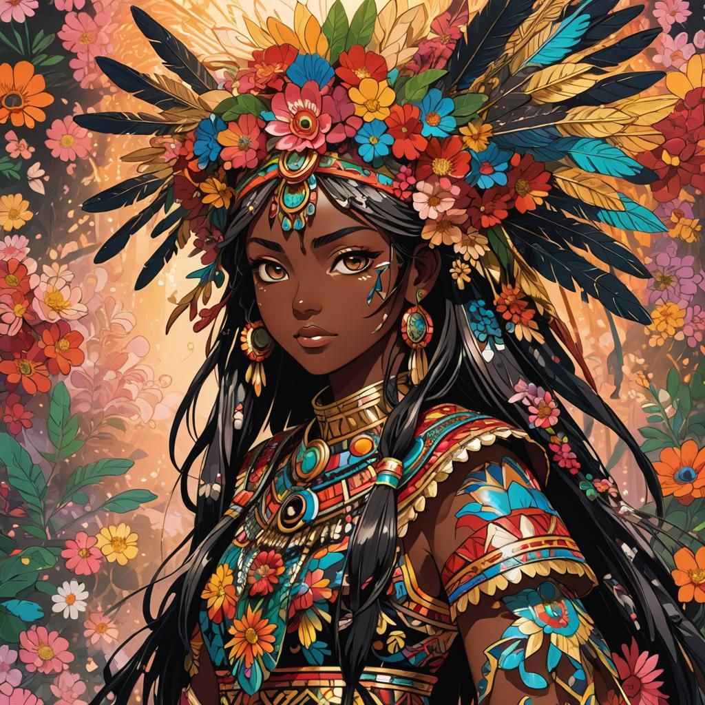 Aztec Girl in Anime Manga Style with Flowers