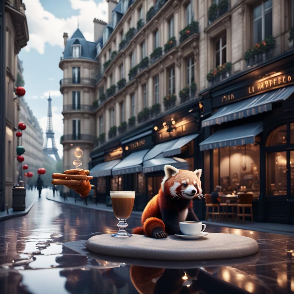 Red Panda Sipping Espresso in Paris, 3D Render