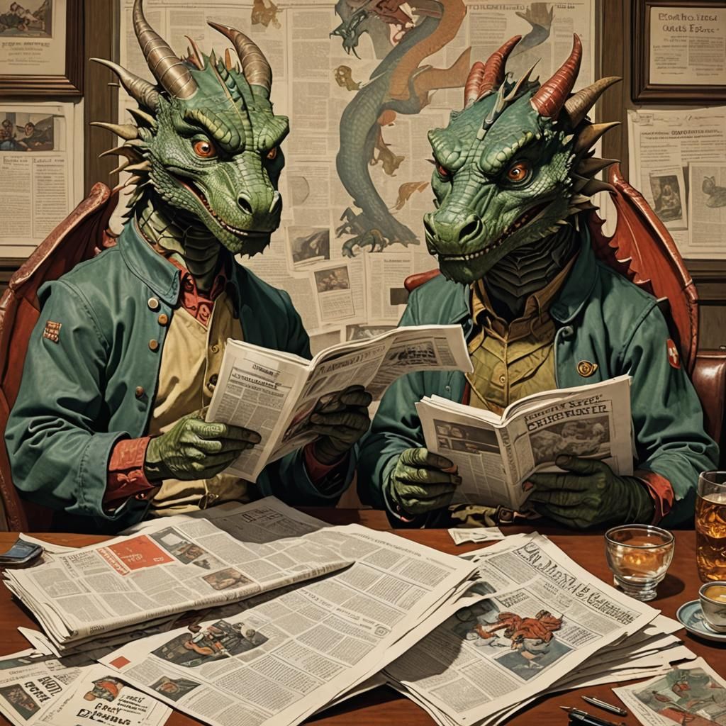 Dragons Reading Newspaper in Rockwell Style