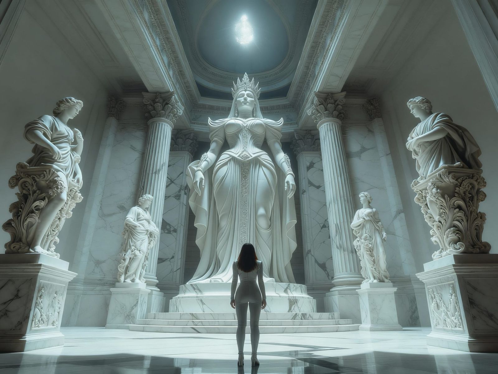 Futuristic Queen Statue and Space Explorer